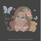 Girl with Flowers and Butterfly Embroidery Design | FineryEmbroidery - FineryEmbroidery